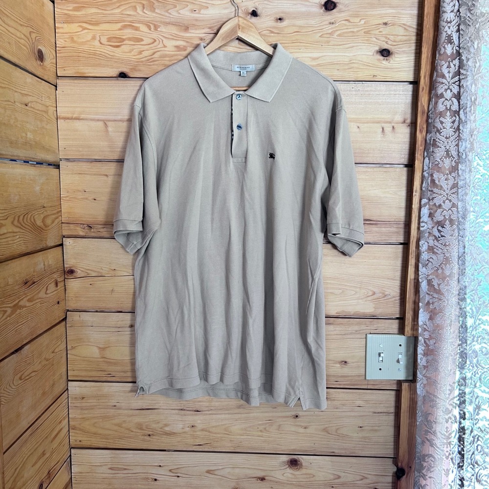 Vintage Burberry London Polo Shirt Mens Extra Large Beige Nova Check Placket XL